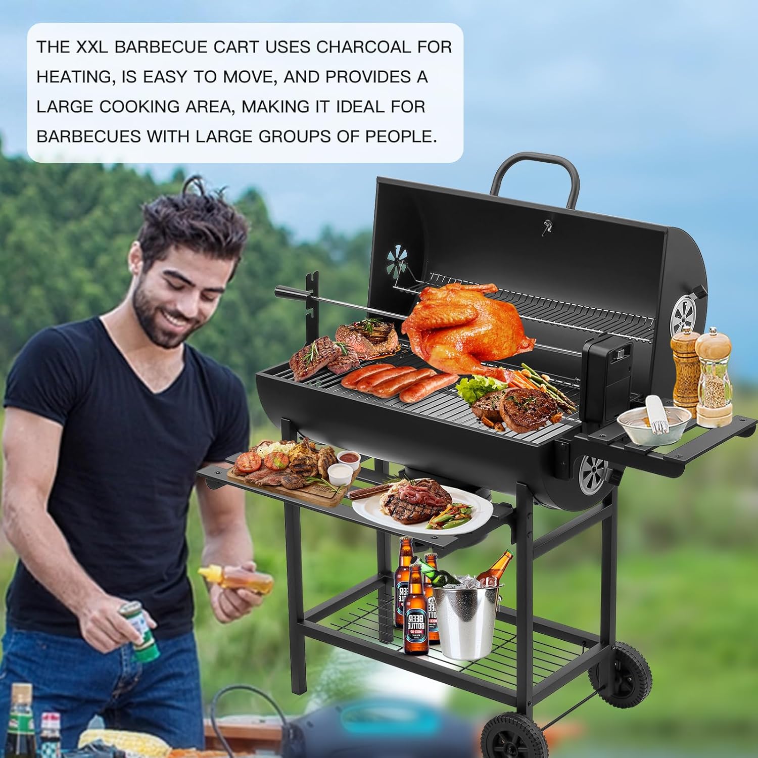TEENO - Grill XXL - dimensions généreuses - couvercle, thermomètre, tiroir à cendres, gants, évent réglable, grill poule