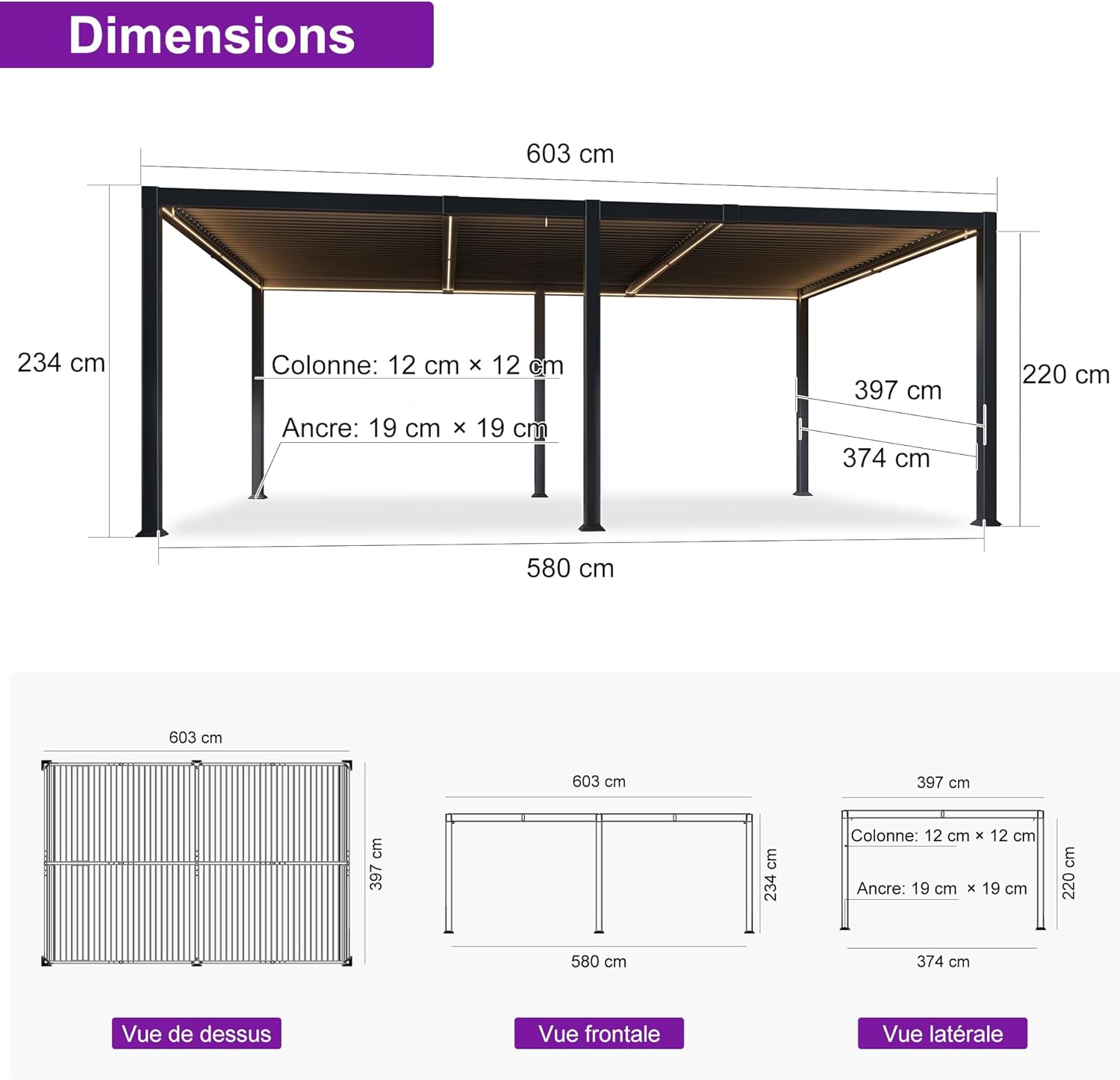 PURPLE LEAF - Pergola bioclimatique - 4x6m - alu lames LED gris