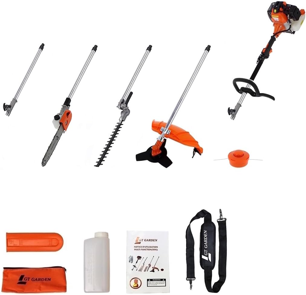 GT Garden - 4 en 1 thermique - multifonction - tronçonneuse, débroussailleuse, taille-haies, rallonge