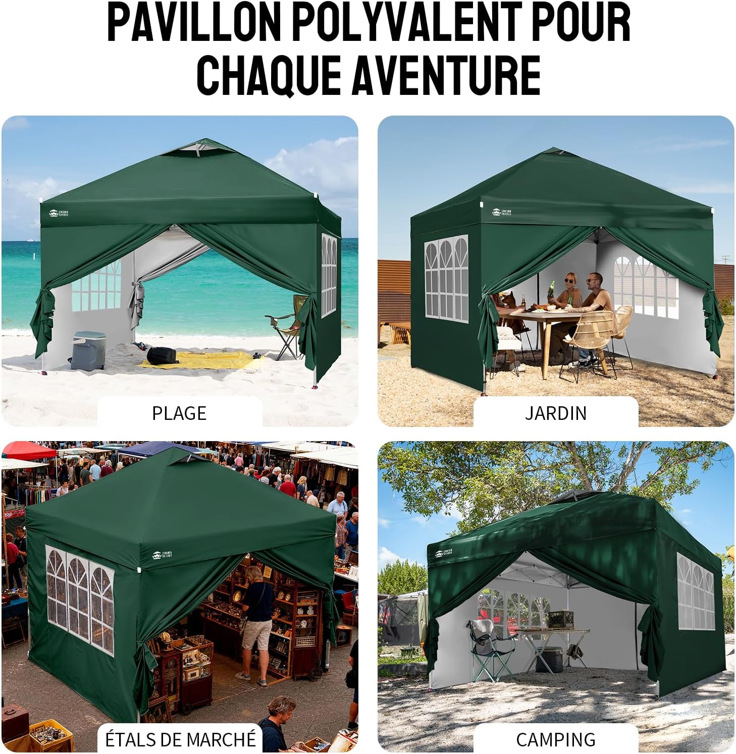 CROWN SHADES Tonnelle Pliante 3x3 Imperméable, Barnum Pliant de Jardin Exterieur, Pop-Up Gazebo avec Sac de Rangement, UPF 50+, avec 4 Parois Latérales Amovible, 4 Sac de Sable, Vert Forêt
