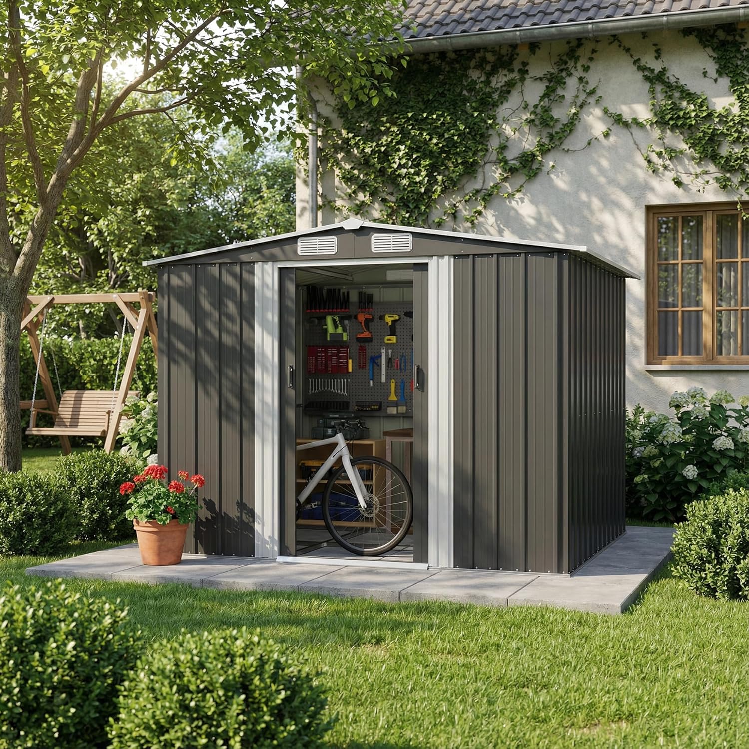 Devoko Abri de Jardin Métallique 8x6ft, Grand Rangement Extérieur pour Outils, Vélos et Poubelles, Toit Penté et Ventilation Inclus, Résistant aux Intempéries, pour Jardin, Terrasse et Pelouse, Noir