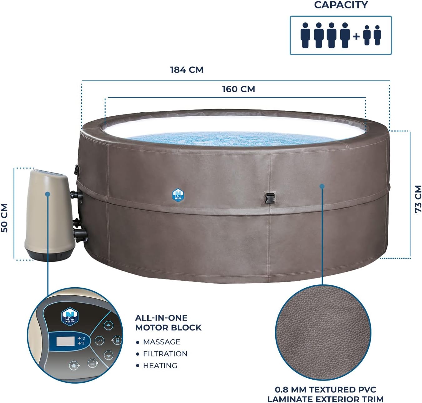 N NETSPA - Spa - Vita Premium - SP-VIP160C - Gonflable - 6 Places (4 Adultes + 2 Enfants) - Bache De Protection - Réchauffeur - 1100 L - Couverture Simili-Cuir Premium