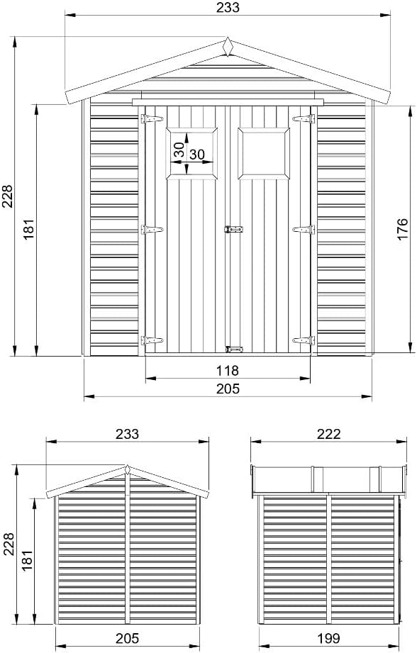 Abri de Jardin en Bois Naturel Plus Les PLANCHERS IMPRÉGNÉ - Stockage extérieur avec fenêtres H228x222x233 cm/4,2 m² Hangar en Bois Naturel - Atelier Rangement Outils et vélos- TIMBELA M351+M351G