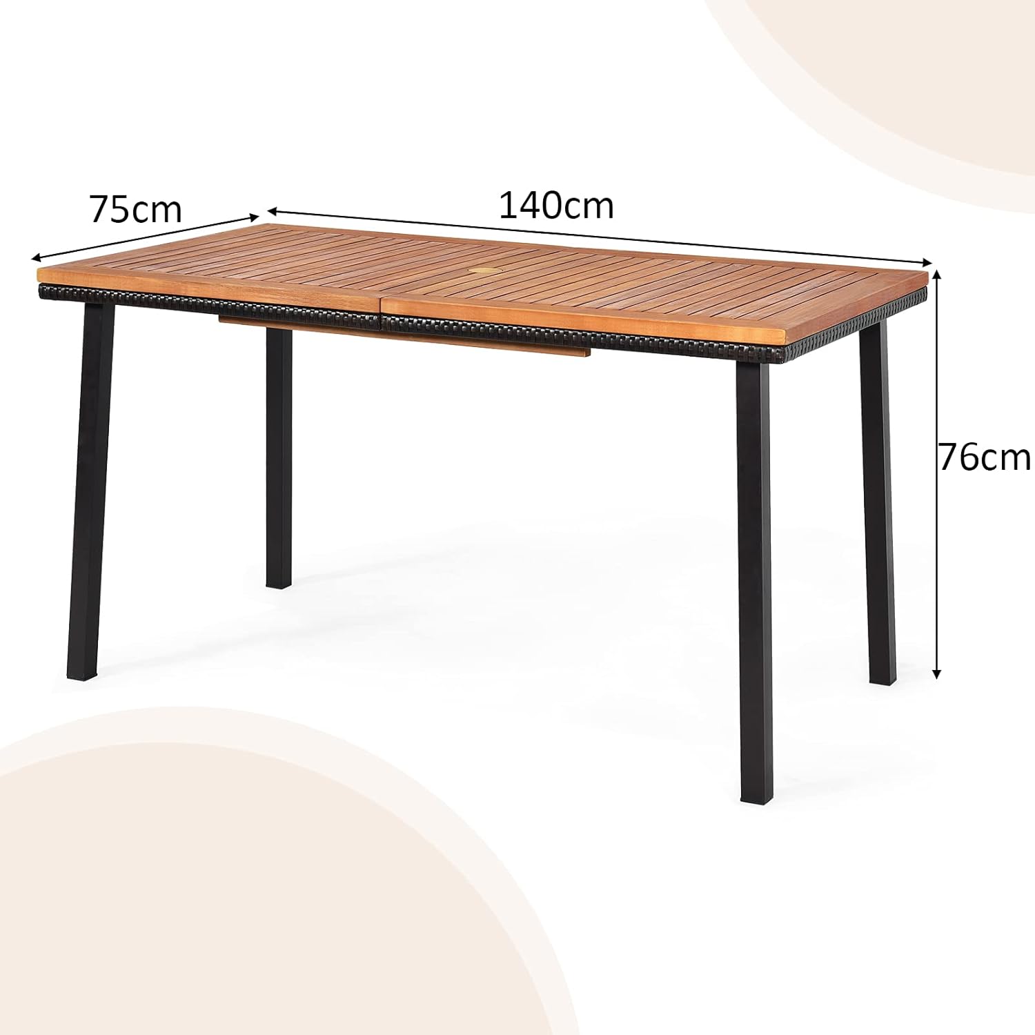 Costway - Table à manger bois et acier - 140x75x76 cm - trou parasol