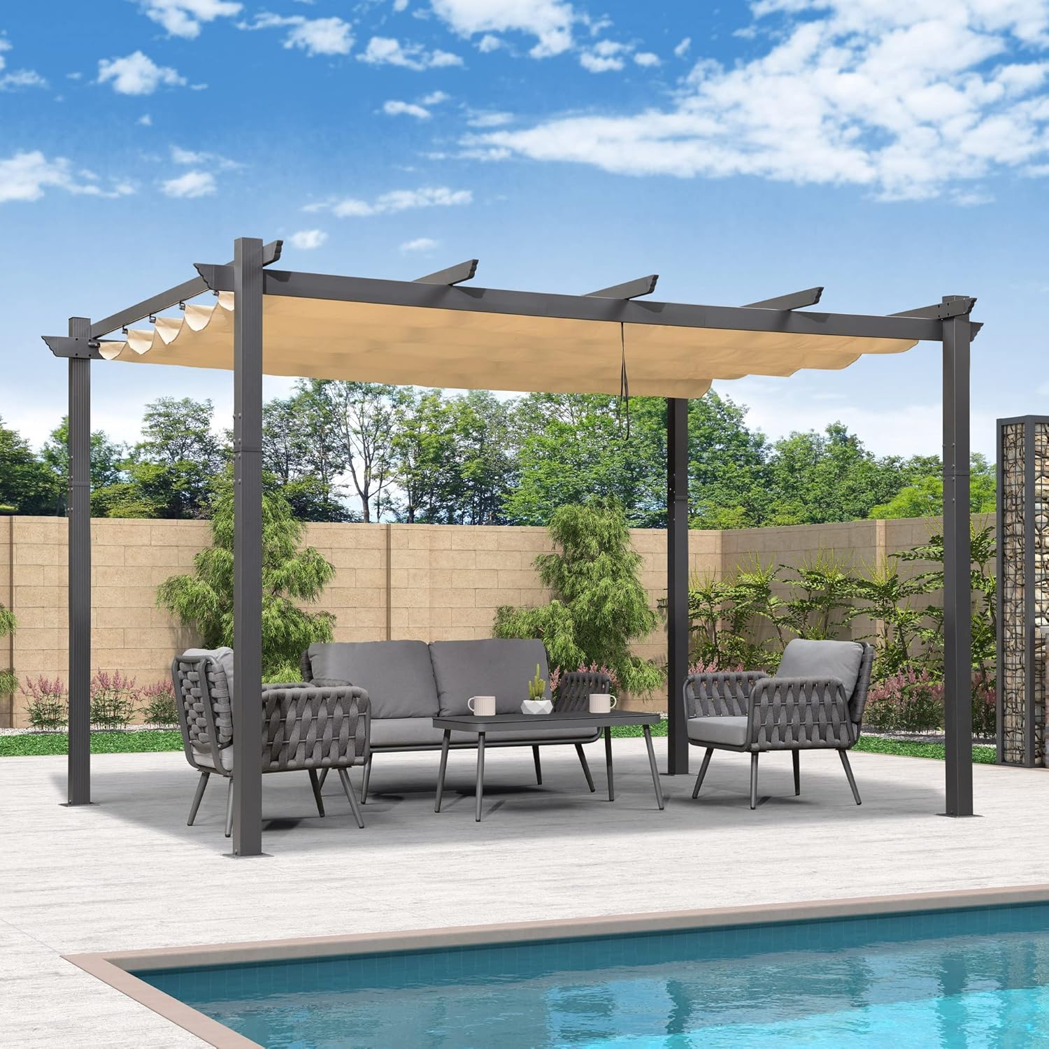 PURPLE LEAF - pergola aluminium série - 4x3,2m - toile teintée, toit coulissant, kaki