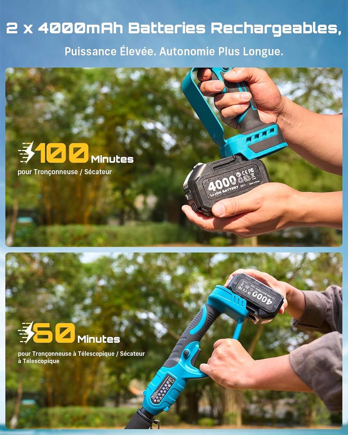 SEESII P6 Combo 6 Pouces Mini Tronconneuse avec Perche & 33 mm Secateur Electrique, 4-en-1 Ensemble d’Outils de Jardin avec 2 * 4000 mAh Batteries, Portée Maximale Jusqu’à 4,57 m
