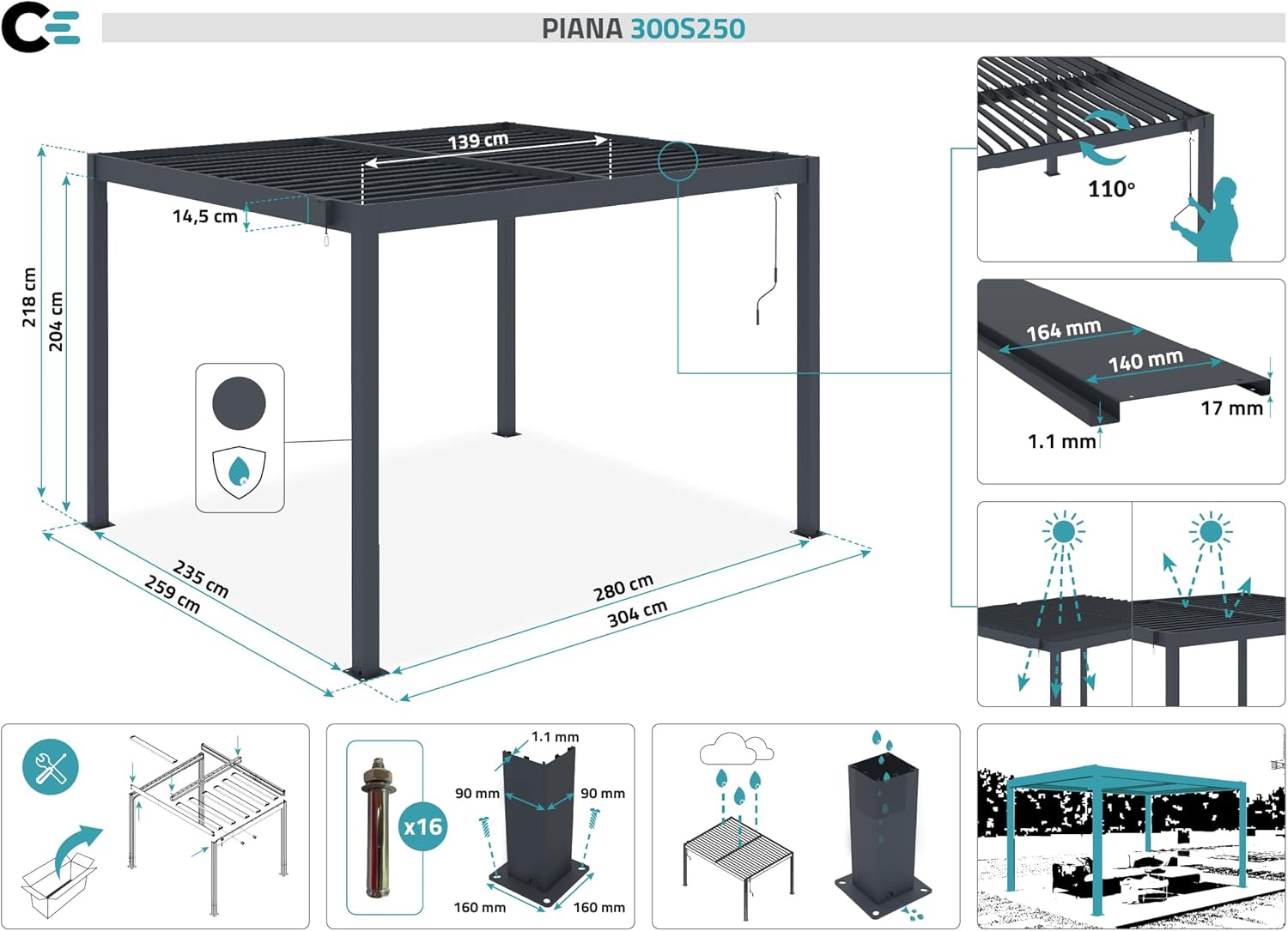CAZEBOO - Piana série - 3x2,5 m - aluminium gris, lames orientables - PIANA