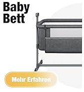 Le texte indique « Baby Bett » et « Mehr Erfahren ». L'image du produit montre un lit de chevet ou un lit d'appoint gris avec un mécanisme de hauteur réglable et une structure en métal.