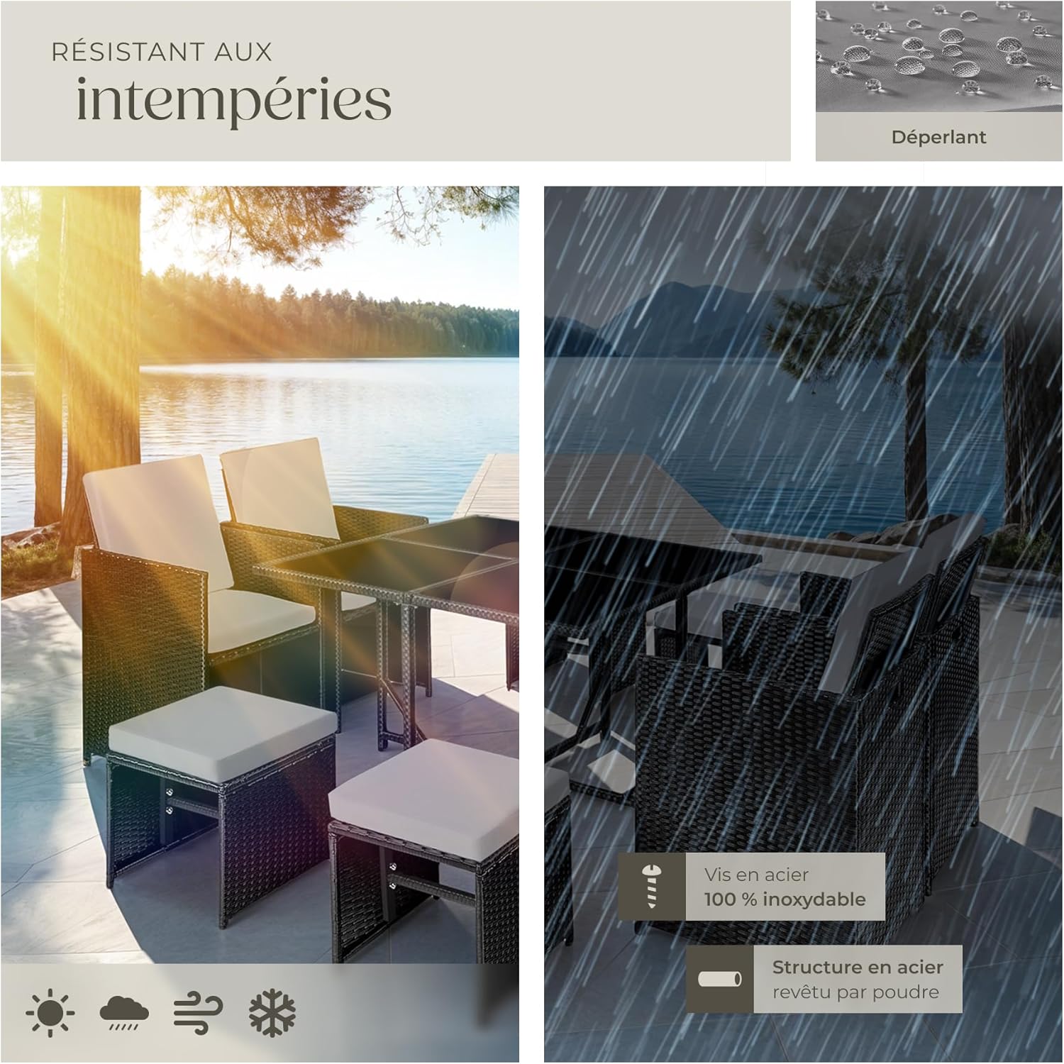 tectake - Salon de jardin Poly Rotin - table, 4 chaises, housse - dimensions compactes - NOIR/GRIS
