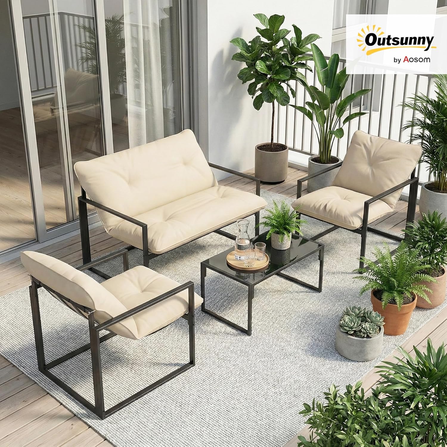 Outsunny - Salon de jardin 4p avec coussins 15cm - acier noir, canapé 2 places, table basse, fauteuils