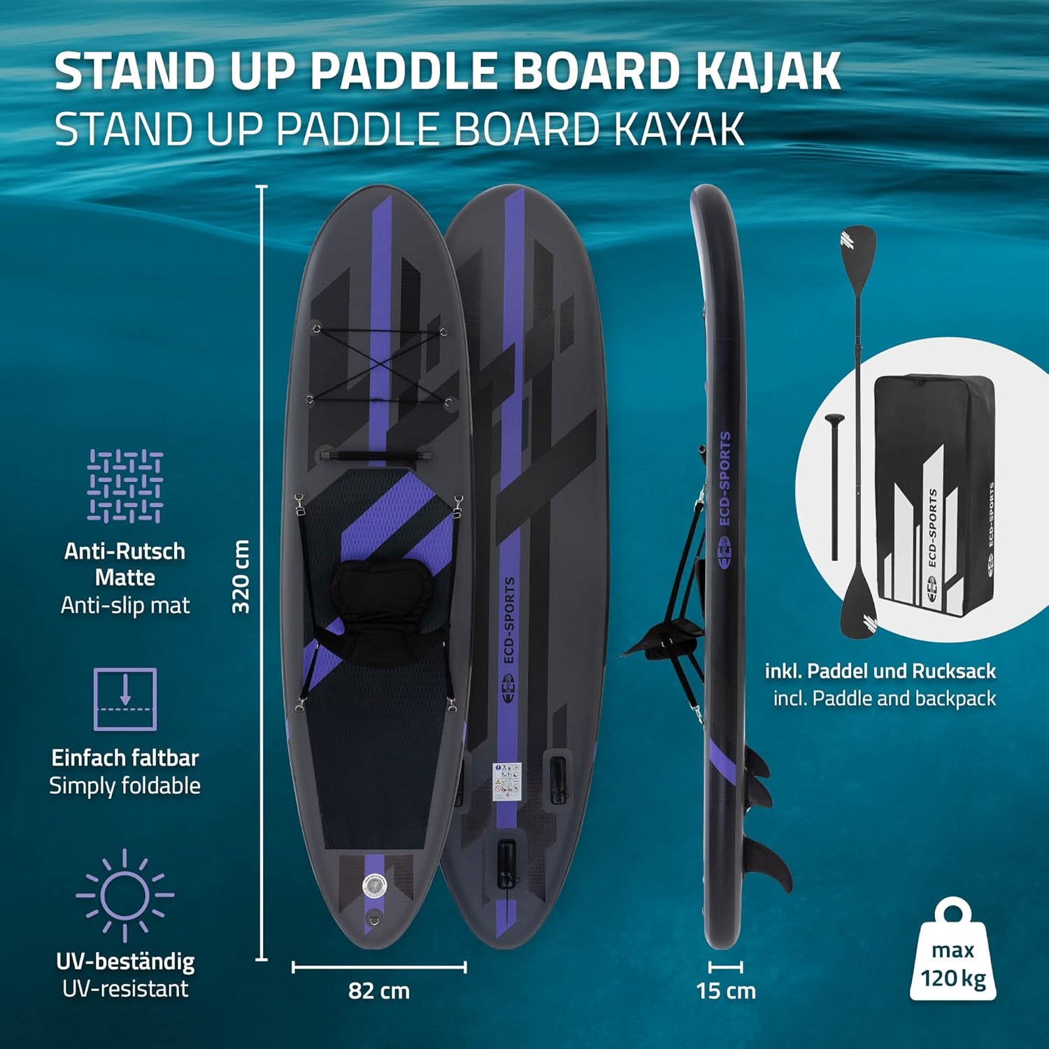 ECD Germany - Stand Up Paddle Gonflable - 305/308/320/380 cm - PVC, 120/150 kg, 10/15 cm