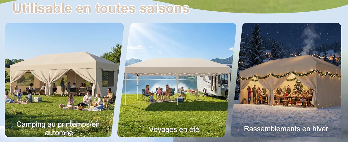 Trois photographies architecturales/de jardins montrant des espaces extérieurs dotés de structures classiques, de pelouses bien entretenues et de façades de bâtiments. Le texte indique les lieux des événements ou des célébrations.