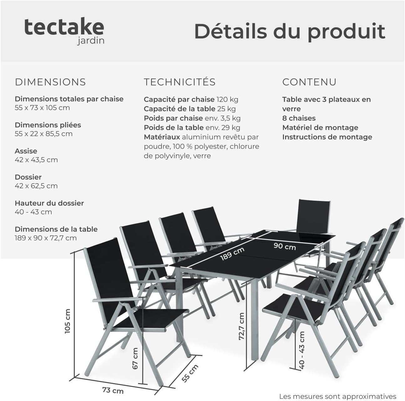 tectake - Salon de Jardin 8 Fauteuils Pliables Aluminium, Table, Facile entretien