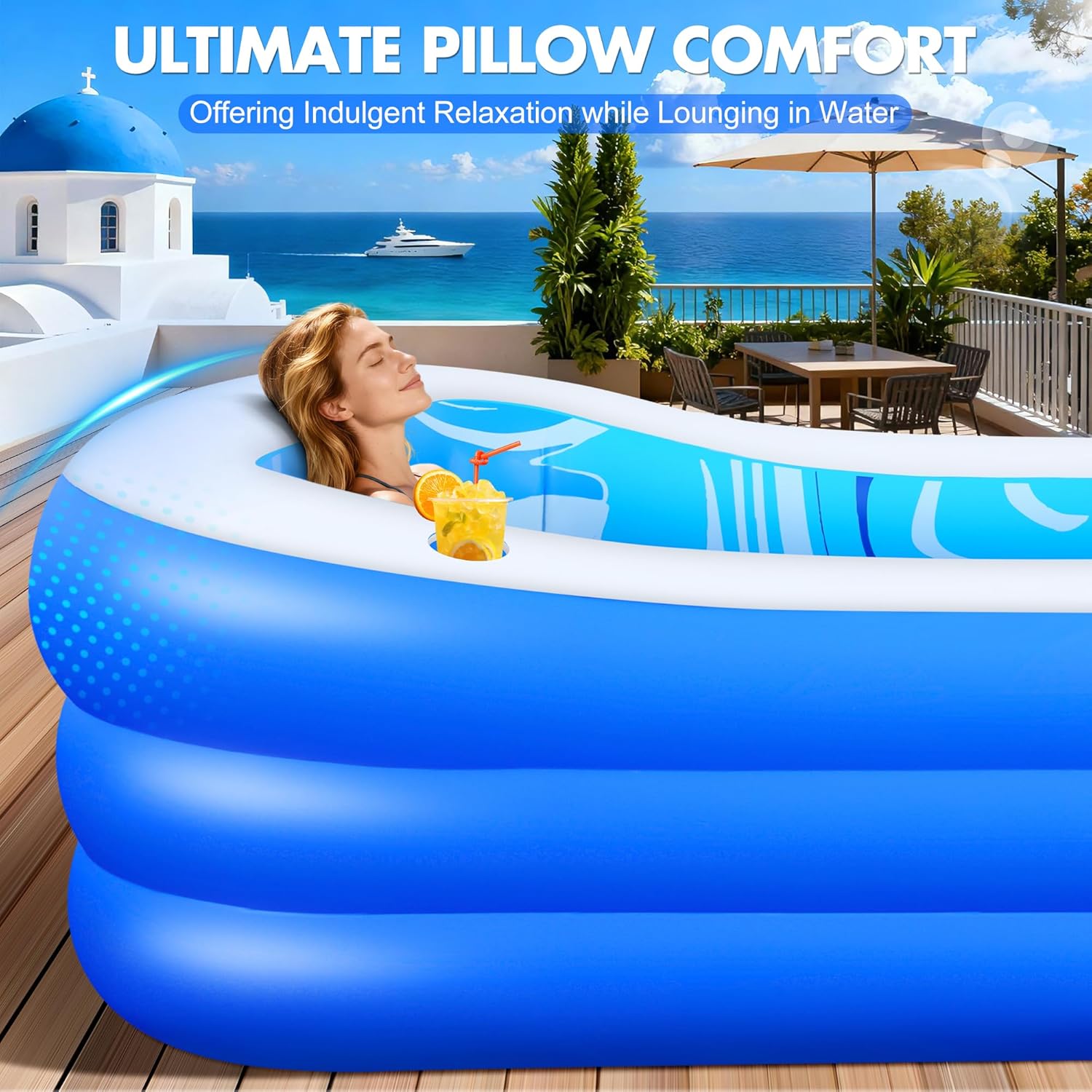 LuxBlue Piscine Gonflable Adulte, Piscine Familiale avec Siège et Dossier, 0.5mm Épaissi Piscines Rectangulaire Gonflable avec Porte-Gobelet, 250*160*63cm Pataugeoire Grande Piscines Gonflable Jardin