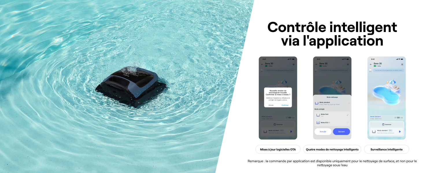 Le texte indique « Contrôle intelligent » et « Via l'application ». Appareil de nettoyage de piscine sous-marine illustré en eau bleue avec captures d'écran de l'interface de l'application mobile.