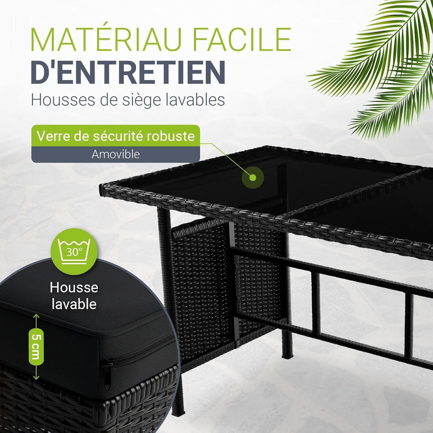 Juskys - Manacor Lounge 7 places, polyrotin noir, table, tabourets, coussins gris