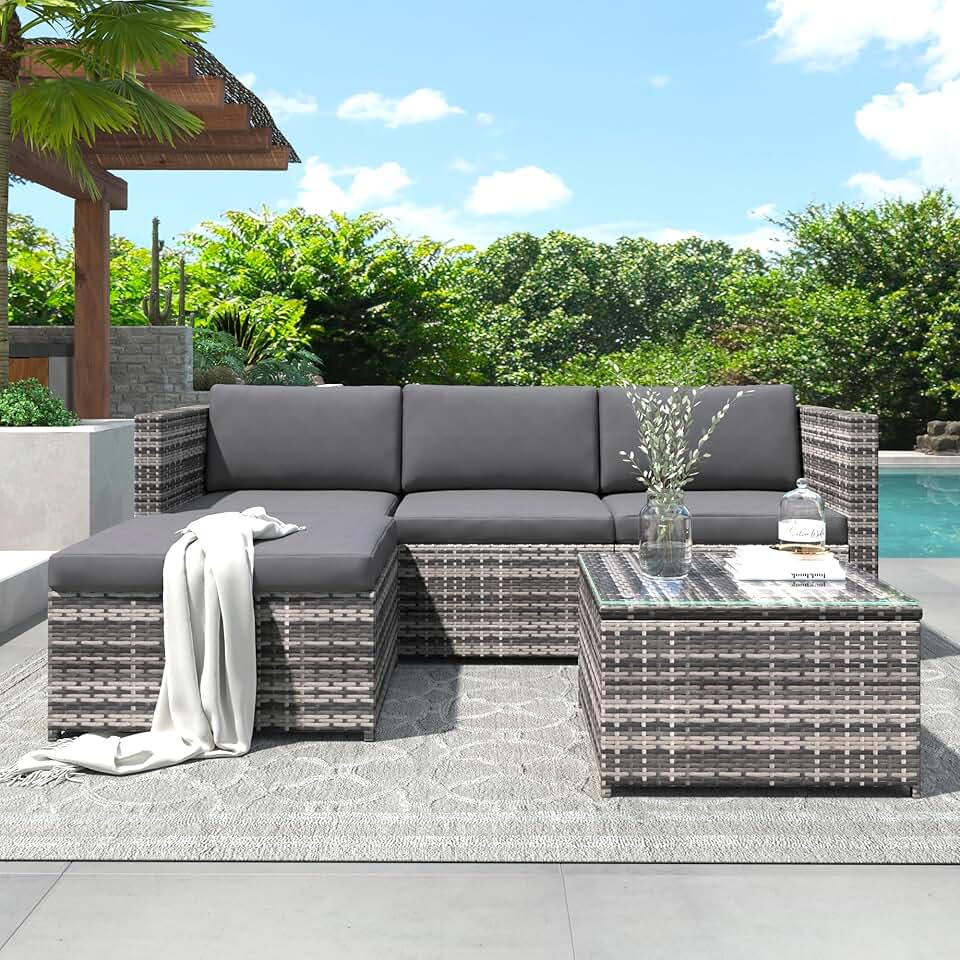 Sapgaks - Salon de jardin 3 places  - rotin, coussins, table verre, gris