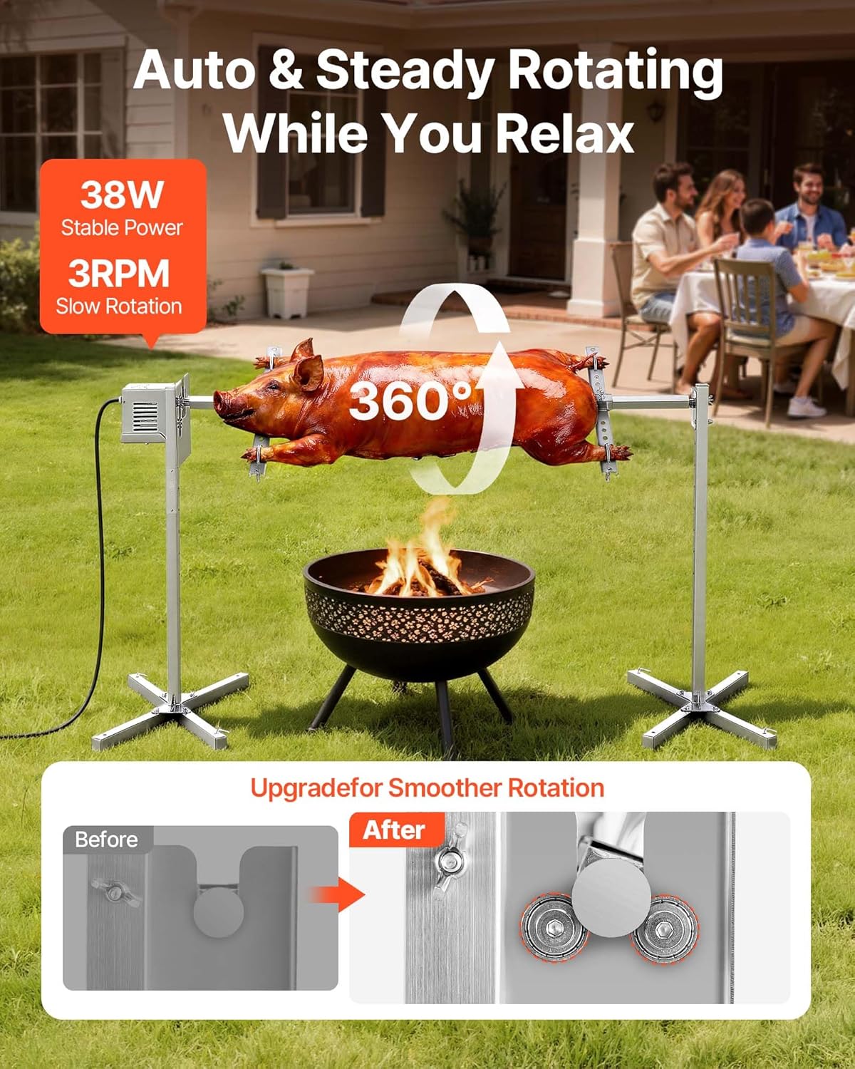VEVOR - tournebroche barbecue - 40 kg - 8 hauteurs, moteur 38W, inox