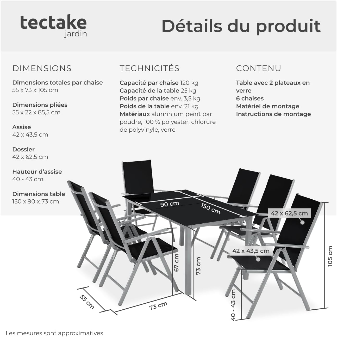 tectake - salon de jardin aluminium 6 chaises pliables, table, entretien facile