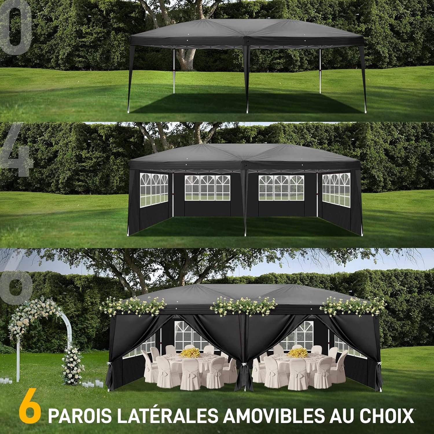 LEADZM - tonnelle pliante série 3x6m - acier, 6 côtés, UV50+, noir