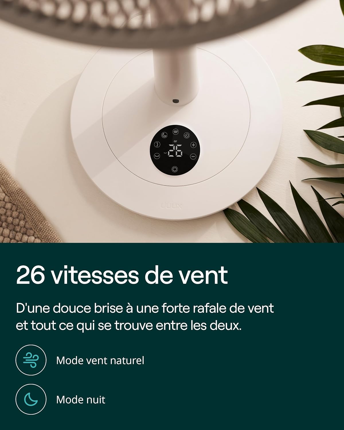 Duux Whisper 3 Ventilateur sur Pied – Ventilateur Économe en Énergie avec 26 Vitesses, Minuterie et Mode Nuit – Hauteur Réglable (73–95 cm) – Oscillation Horizontale et Verticale – Blanc