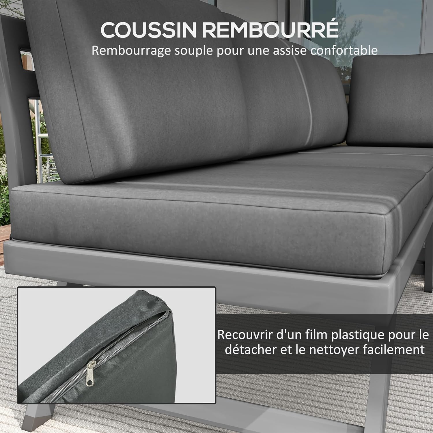 Outsunny - Salon de jardin d’angle 4 places, alu/acier, banquettes, table basse, gris