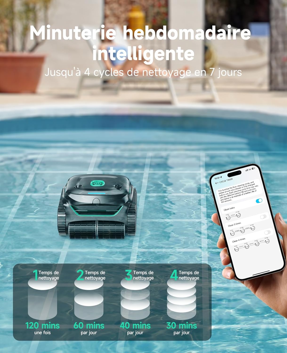 WYBOT - C2 série - pour piscines 150㎡ - filtration double, nettoyage fond/parois, autonomie 180 min - C2