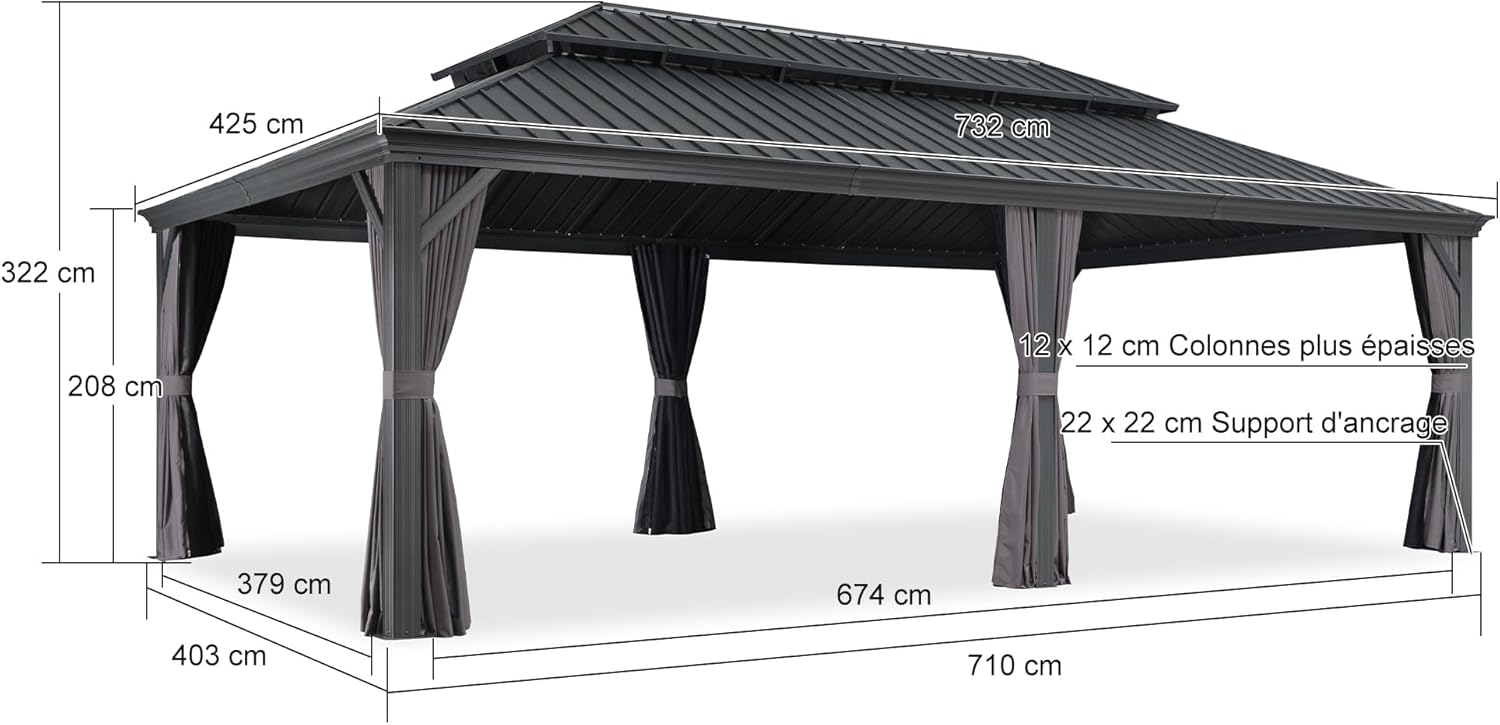 PURPLE LEAF - Pergola série extérieure - 7.32x4.25m - alu, éclairage, moustiquaire, rideaux, gouttière, poteaux renforcé