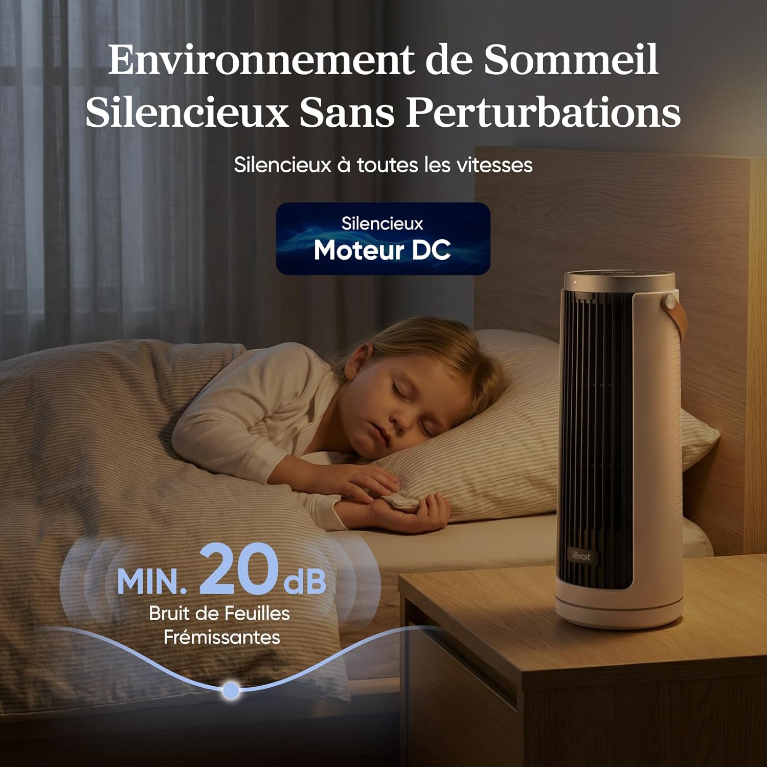 Levoit Windi Mini Ventilateur Colonne 20 dB Ultra Silencieux, Ventilateur de Table Moteur DC, Puissance jusqu'à 7 m/s, 4 Vitesses, Oscillation 90°, Minuterie 12H, Télécommande