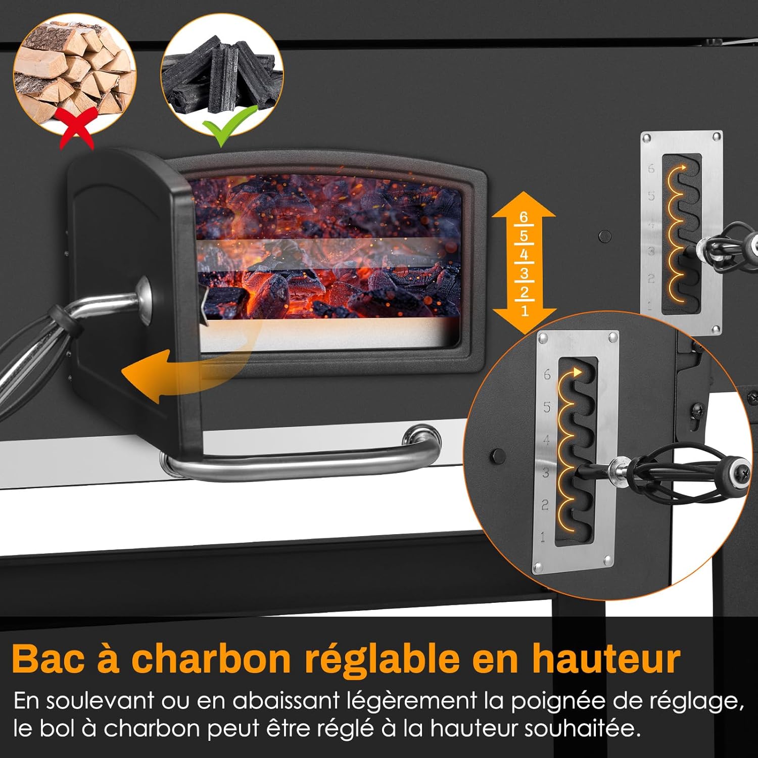 LIFERUN - Barbecue XXL, charbon, chariot, couvercle, thermomètre, fumoir, hauteur réglable
