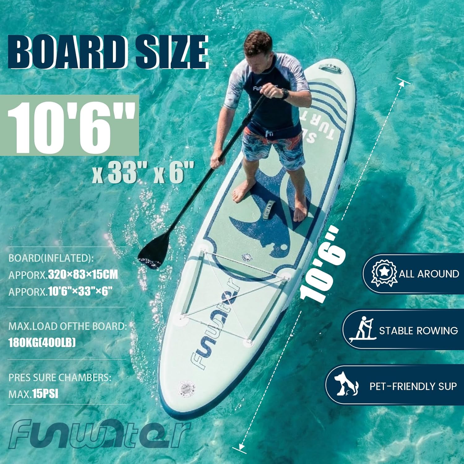 FunWater - Surf Gonflable Accessoire complet 320cm Pagaie Sac Pompe Laisse