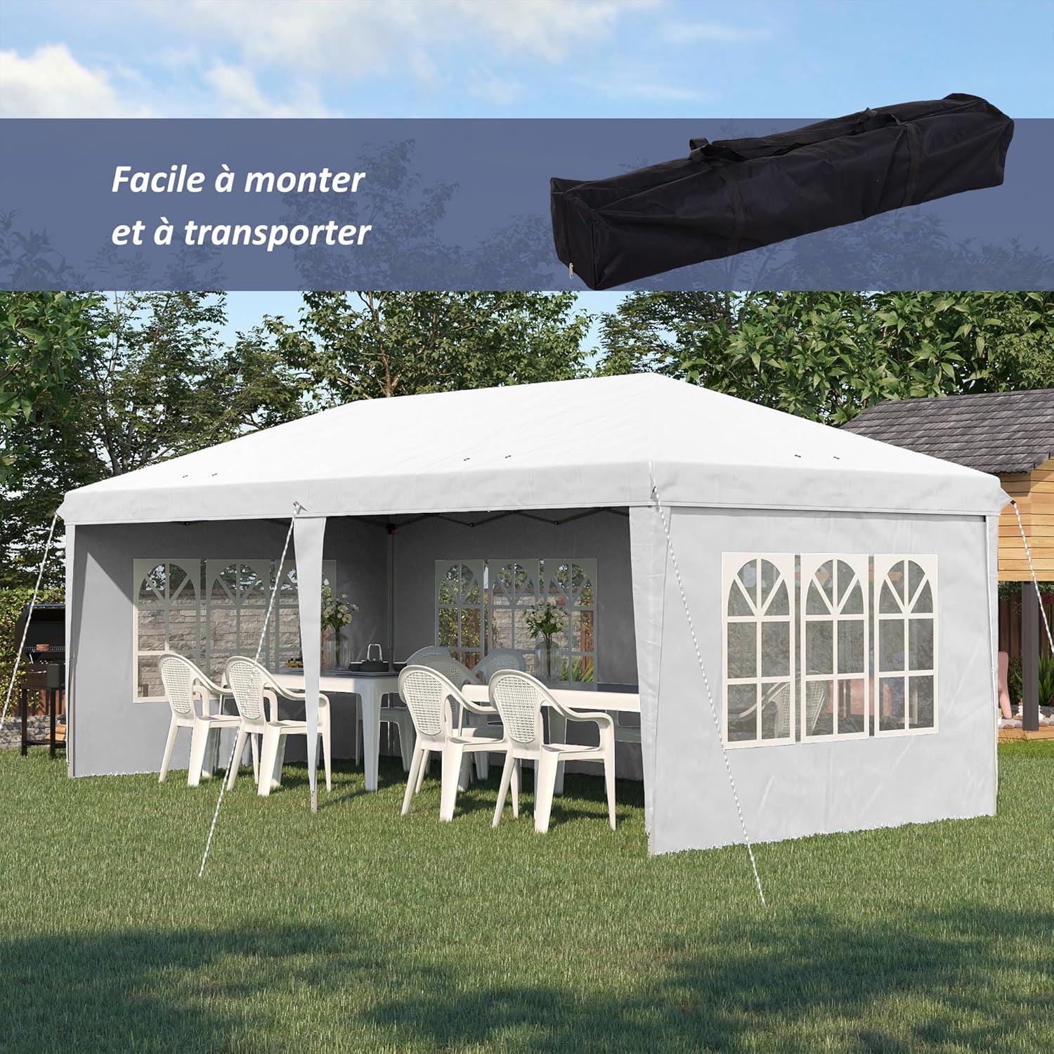 Outsunny - pavillon pliante 3x6m - 3 côtés détachables, sac inclus
