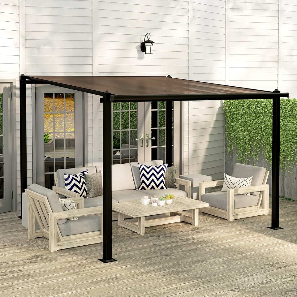 Outsunny - Pergola adossée aluminium - 3x3m - toit polycarbonate, drainage, UPF30+, gris