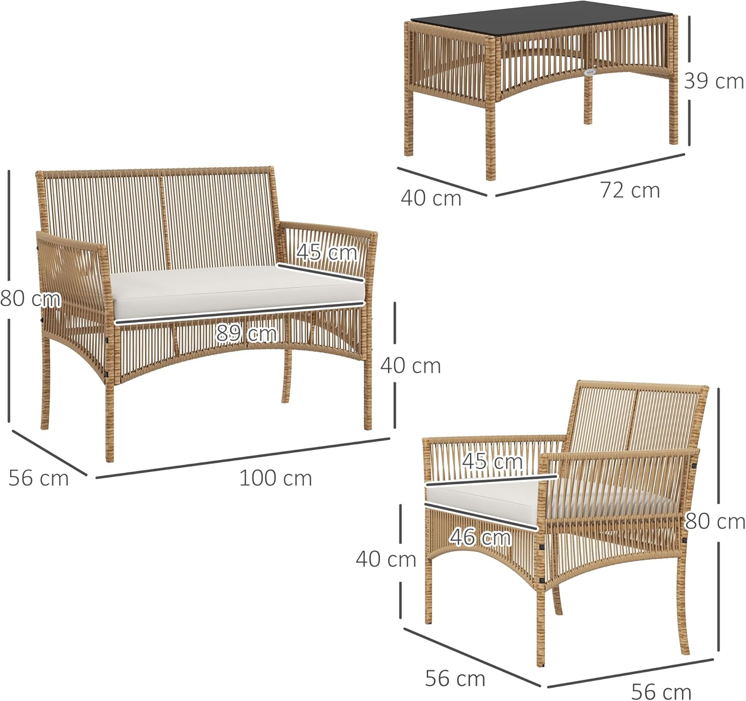 Outsunny - Salon de jardin 4p - métal/résine, coussins beige, table verre