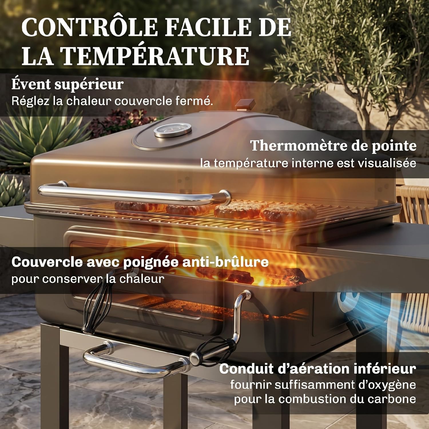 Outsunny - Barbecue XXL 112 cm - fumoir, thermomètre, chariot, couvercle