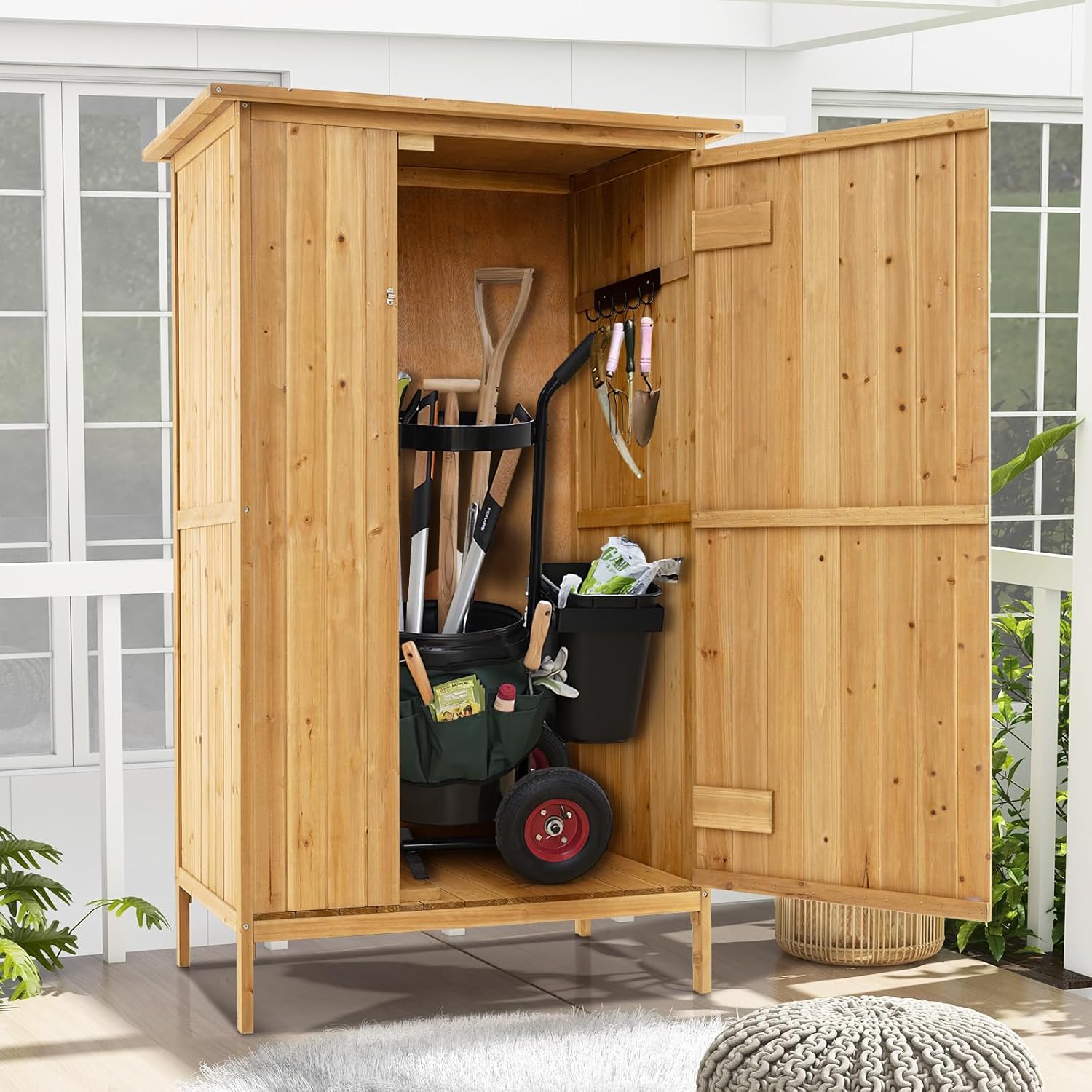 COSTWAY - armoire jardin bois - 3 étagères, toit asphalte, porte verrouillée