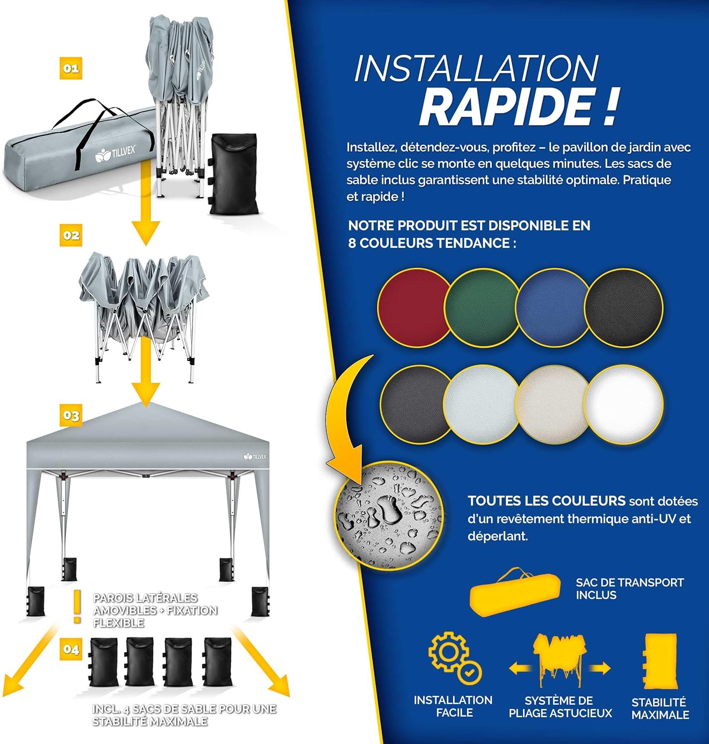 tillvex Tonnelle de Jardin 3 x 3 m Pliable | Tente Pliante à Hauteur réglable | Auvent pour Camping, Festival, Plage | Protection UV 50+ | Chapiteau avec Sac
