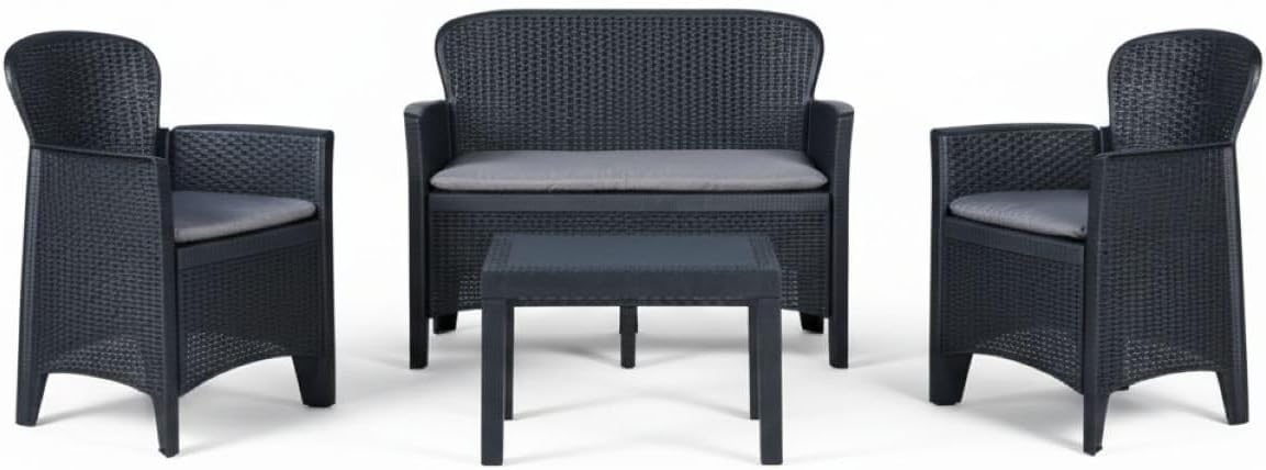 Dmora - Ostuni salon de jardin - 2 fauteuils, canapé, table basse, coussins, effet rotin, anthracite