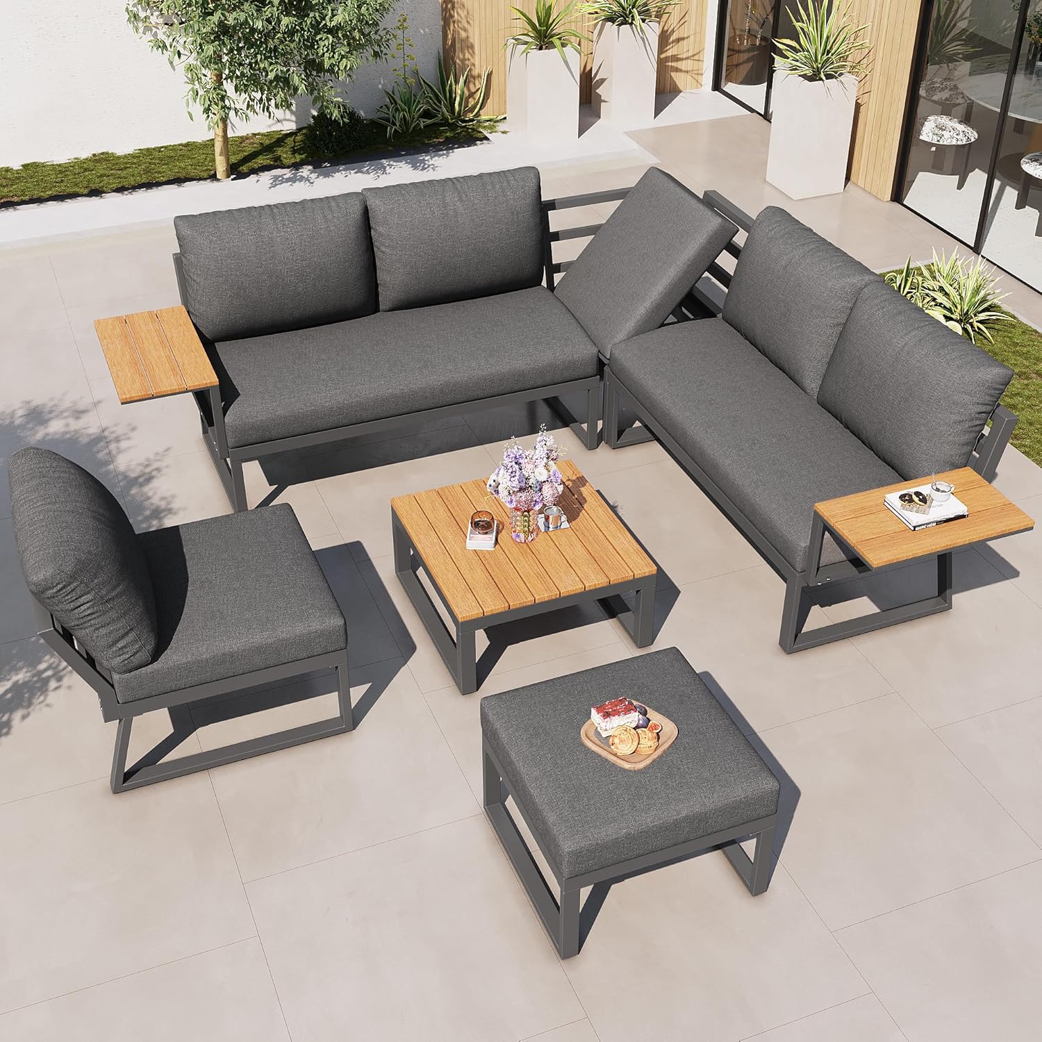 Sapgaks - salon de jardin 7 places, angle inclinable, coussins, table basse - F-Gris