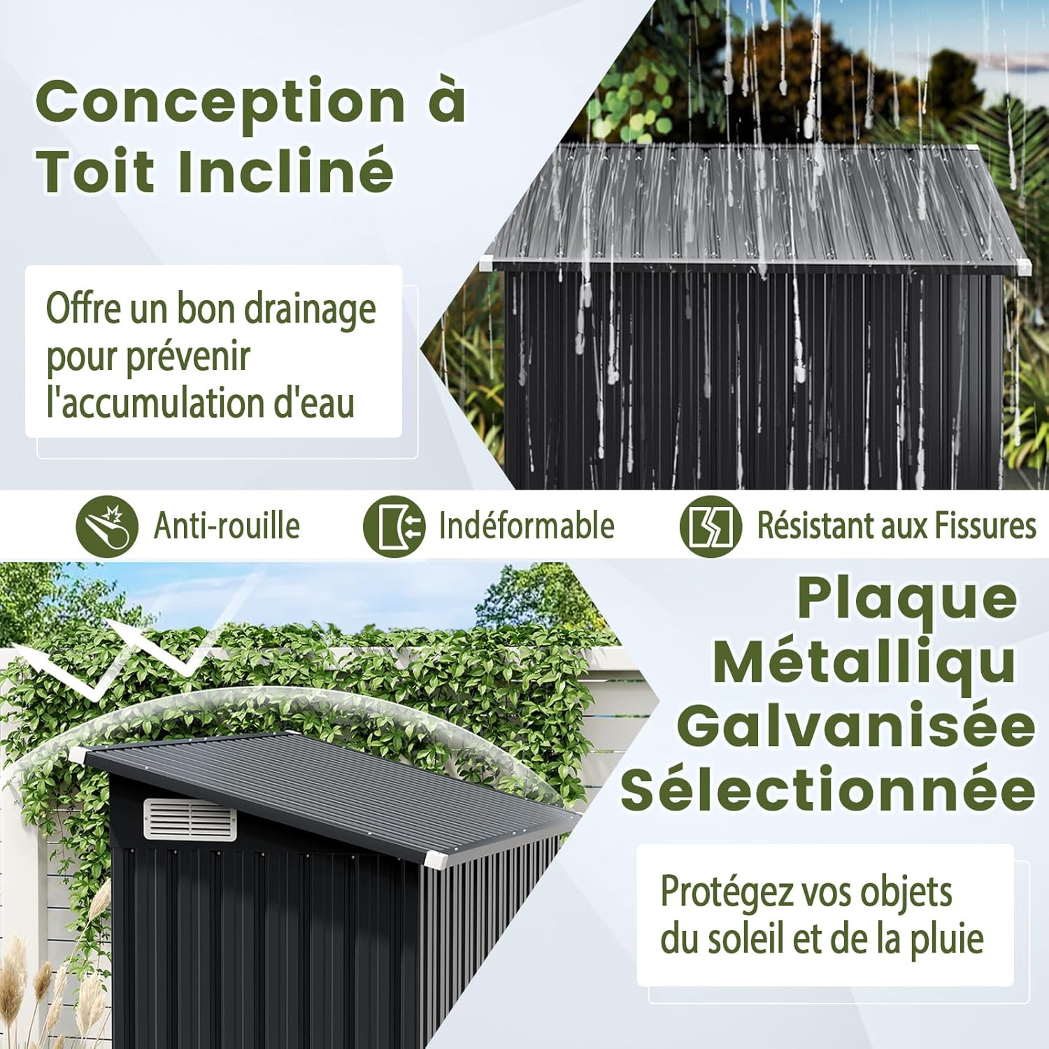 RELAX4LIFE - abri de jardin acier galva 150x88x185cm, toit incliné, porte, gants