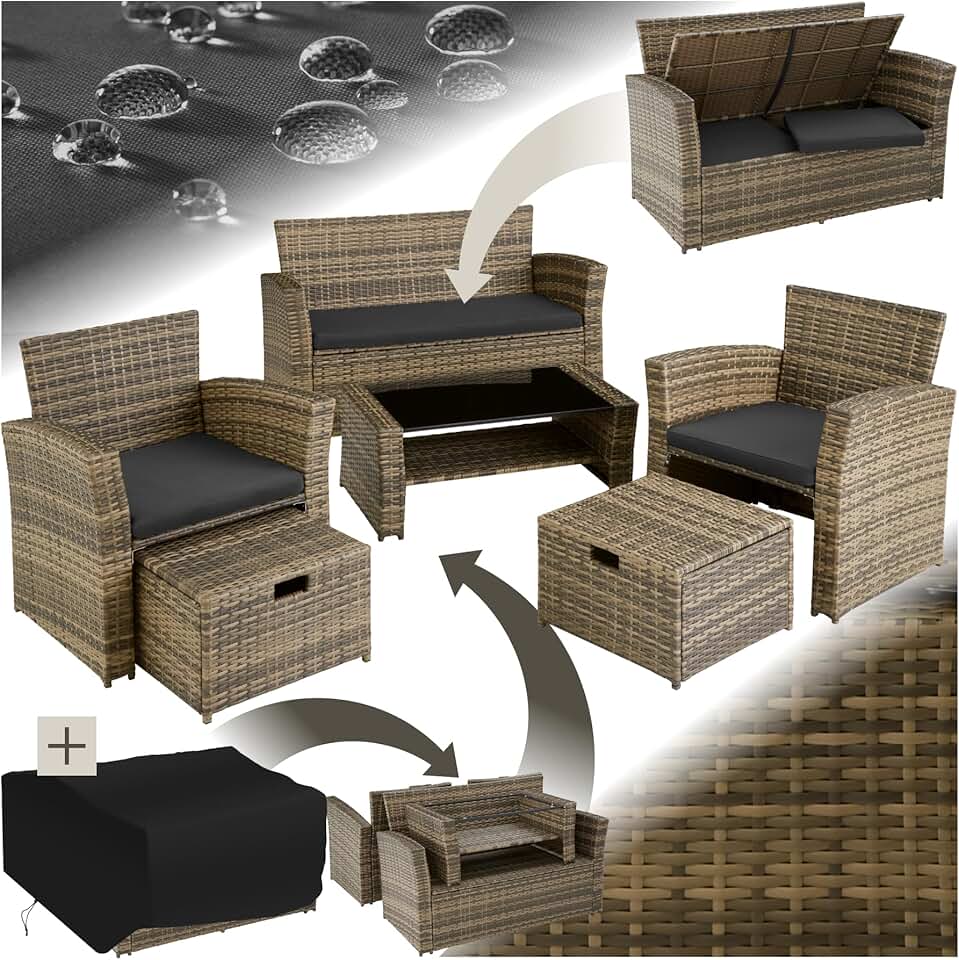 tectake - Ensemble salon de jardin 6 places - poly rotin, coussins épais, table basse, marron naturel
