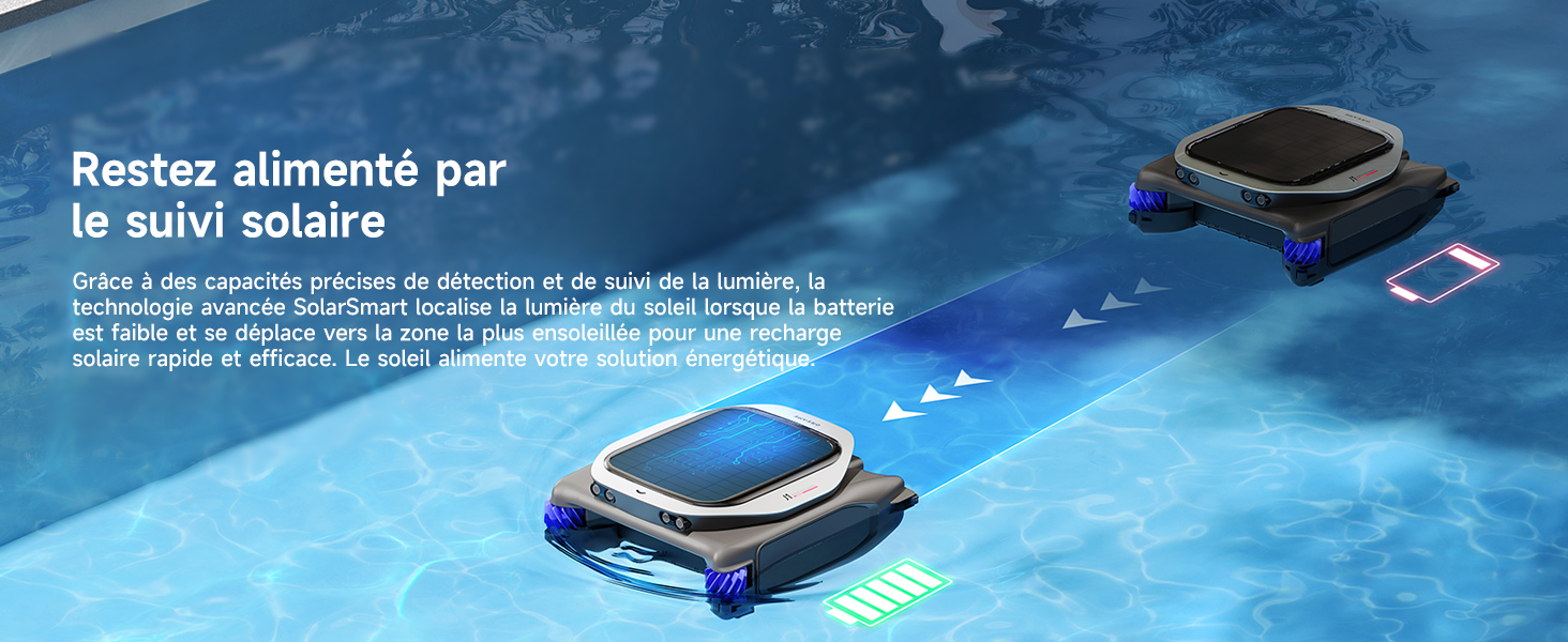 Illustration de dispositifs solaires flottants à la surface de l'eau bleue avec superposition de spécifications techniques.