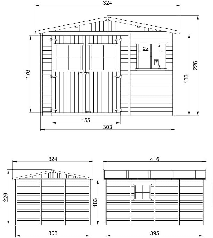 ABRI de Jardin en Bois Exterieur avec Les PLANCHERS IMPRÉGNÉ - en Pin/épicéa- H226x324x416 cm/12 m²- Construction de Panneaux- Rangement pour vélos, Remise à Outils- TIMBELA M336+M336G
