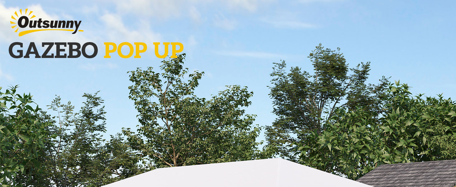 Outsunny Gazebo Pop Up, dessus en toile blanche visible sur fond de ciel bleu et d'arbres. Abri extérieur pour ombrage et protection temporaires.