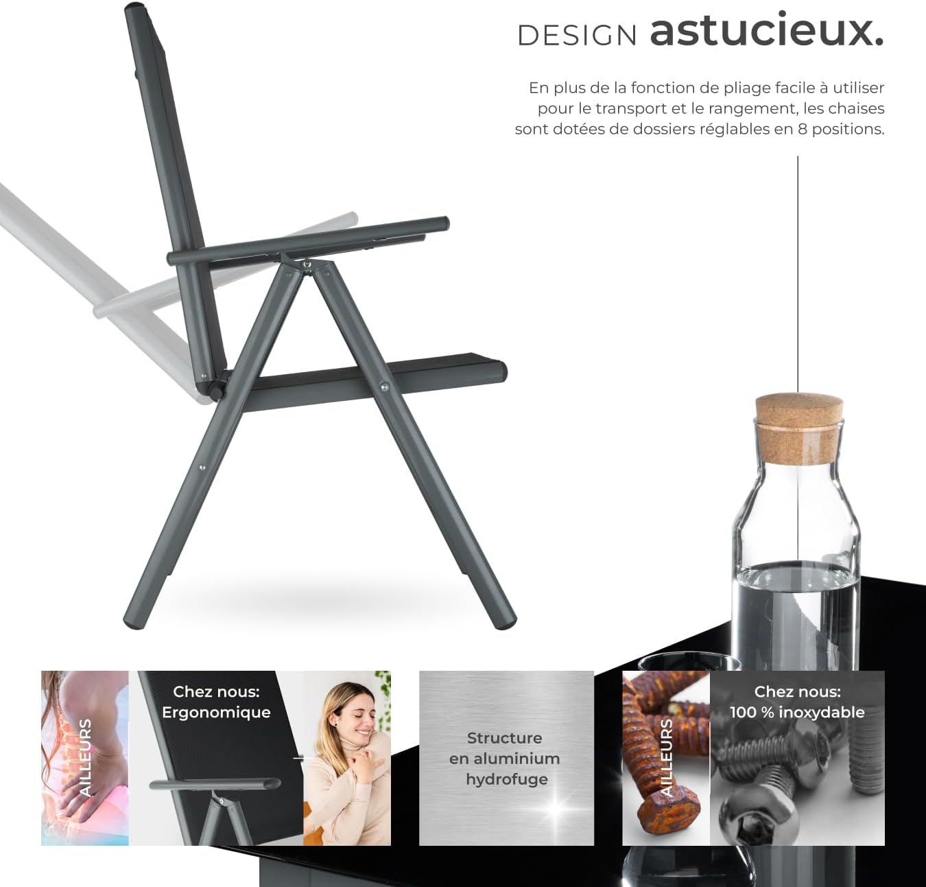 tectake - Salon de jardin aluminium, 6 fauteuils pliables, table - entretien facile, 220x90 cm