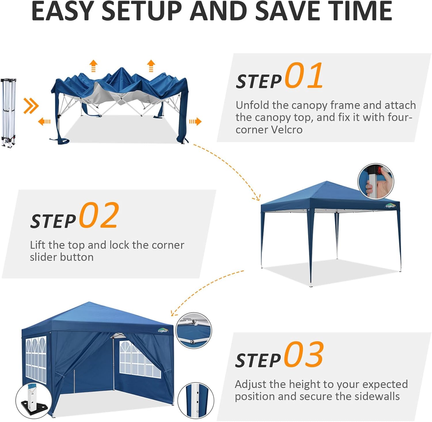 COBIZI - tonnelle pliante 3x3m, imperméable, anti-UV, 4 côtés amovibles