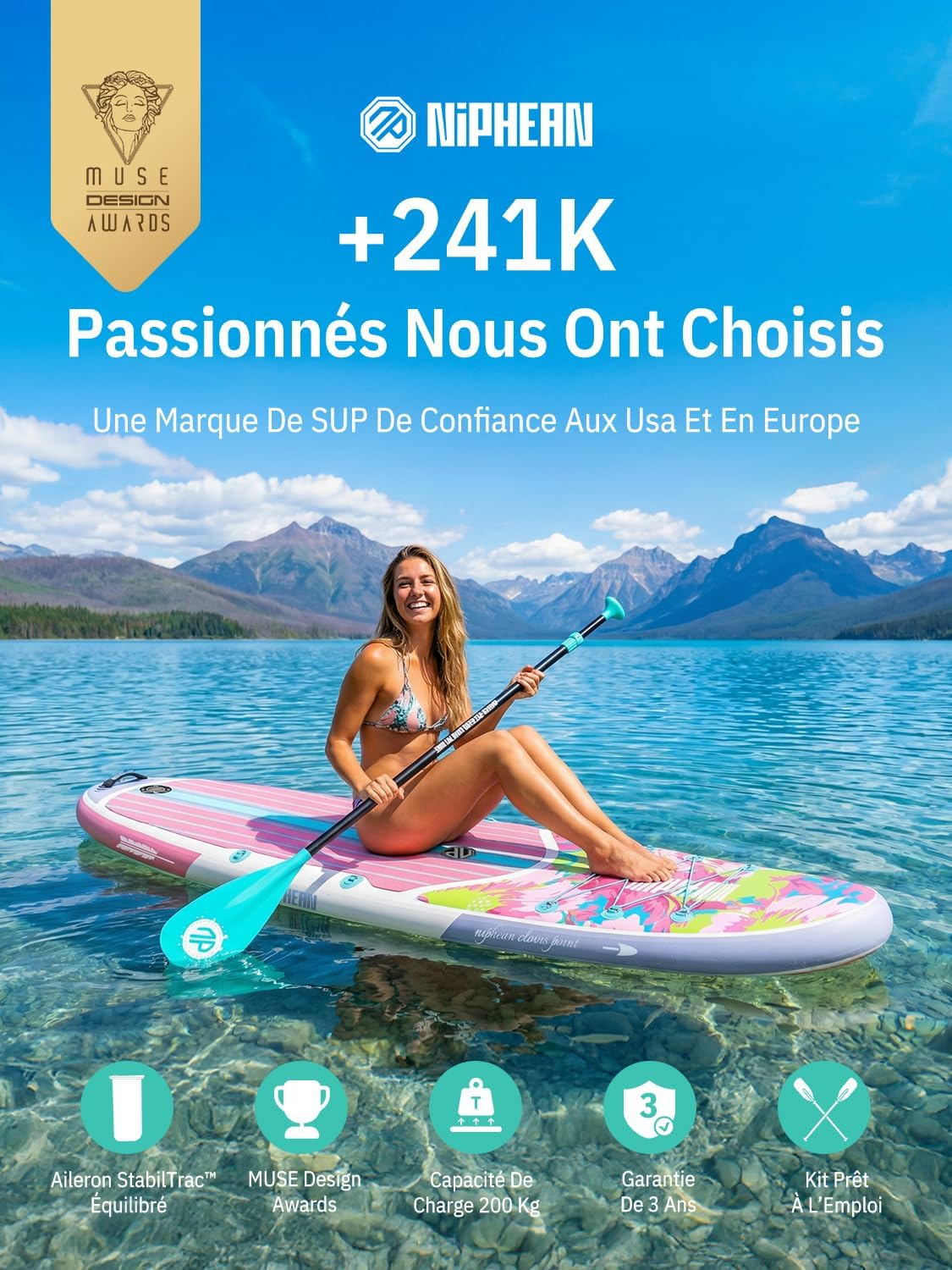 Niphean Paddle Gonflable Adulte avec Tous Les Accessoires, 320cm Planches de Stand Up Paddle Gonflables pour Tous Les Niveaux, Sup avec Capacité 200 kg pour 2 Personnes, Paddle Gonflable avec Siège