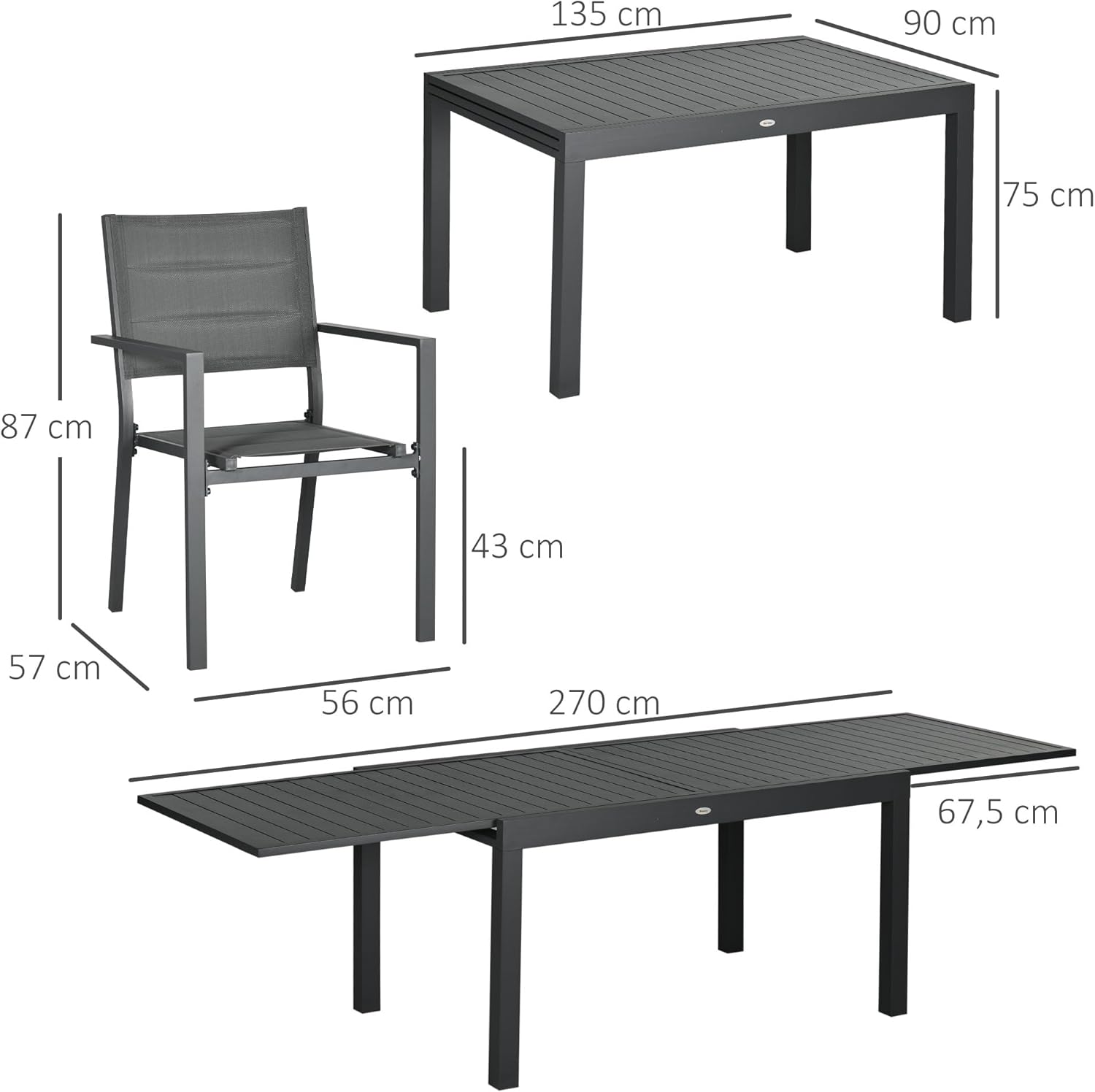 Outsunny - salon de jardin extensible 135-270cm - 8 chaises empilables, aluminium et textilène - gris