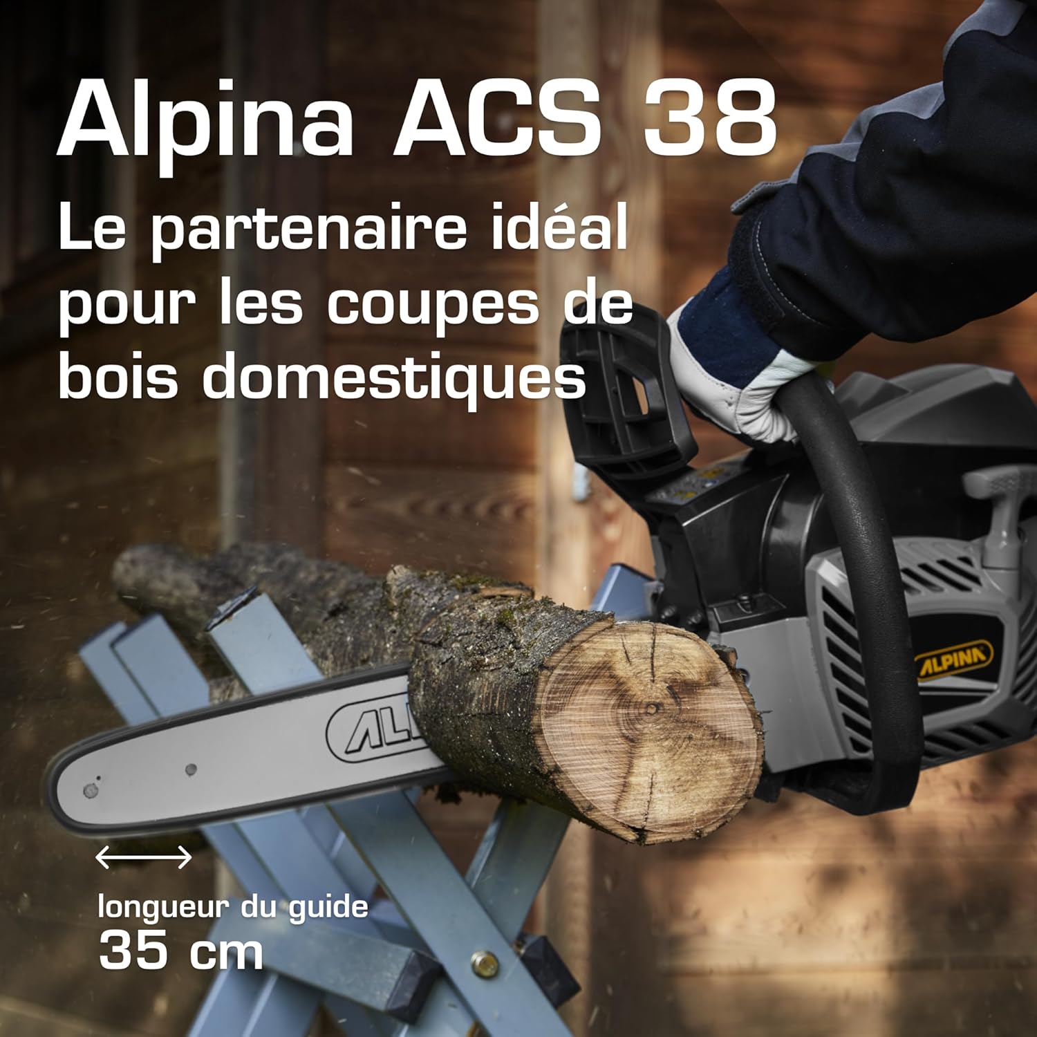 Alpina Tronçonneuse thermique ACS 38 (14)", Guide-chaîne de 35 cm (14)", Moteur thermique 37,2cc, 1200W, Vitesse de chaîne 21 m/s, Démarrage facile, Pompe à huile réglable automatiquement