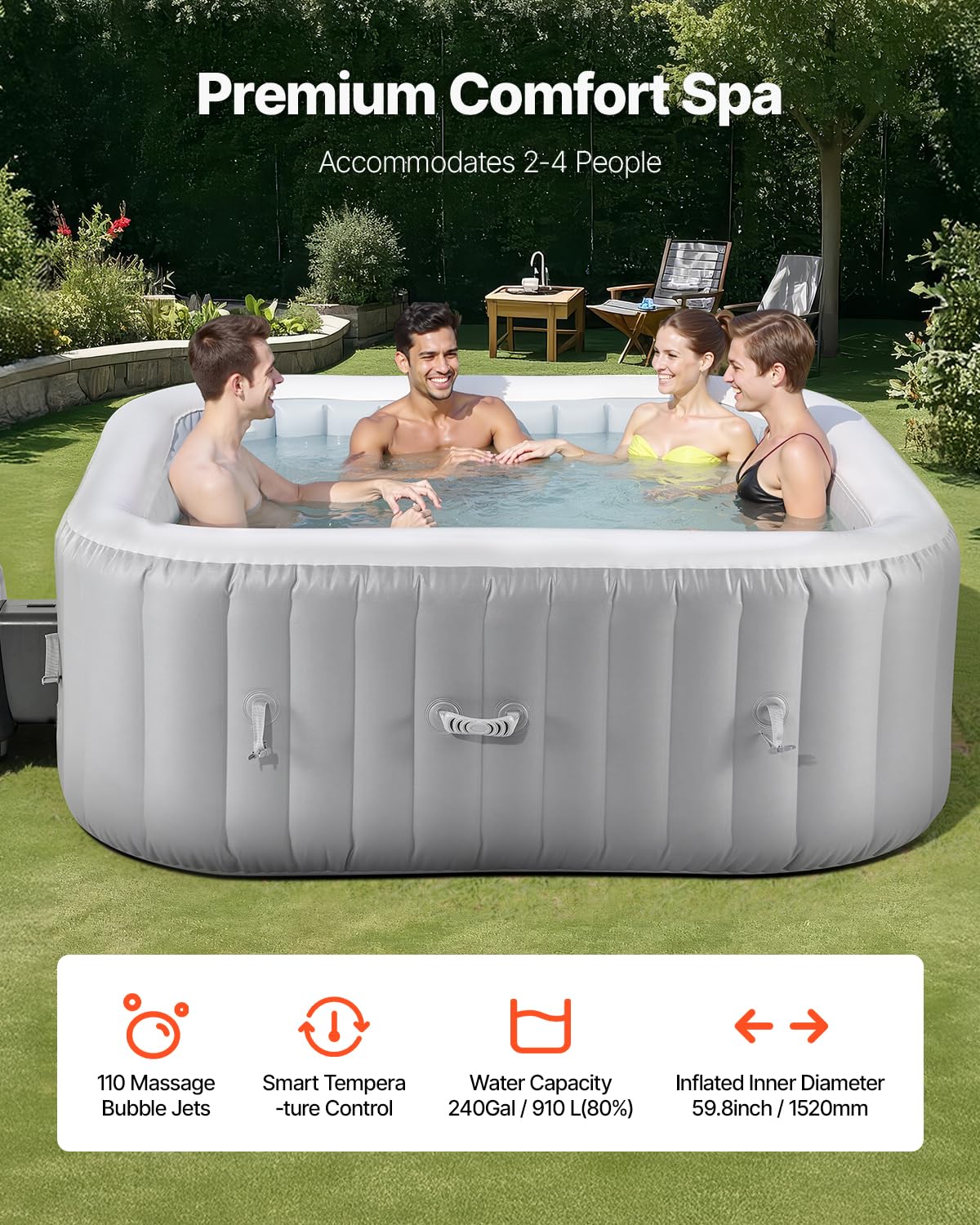 VEVOR Spa Gonflable Carré Capacité 4-6 Personnes, Bains à Remous d’Extérieur Portable 185x66 cm, avec 130 Jets Apaisants, Filtre, Couverture et Tapis, en PVC, Panneau de Commande Multifonction, Gris